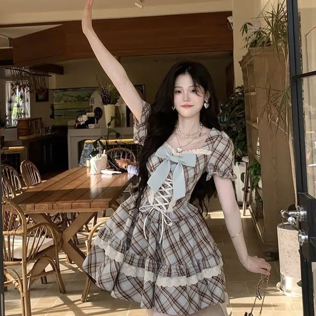 囍鱼少女 法式复古学院风方领泡泡袖裙夏季甜美少女感蝴蝶结格纹公主裙短袖连衣裙 女款