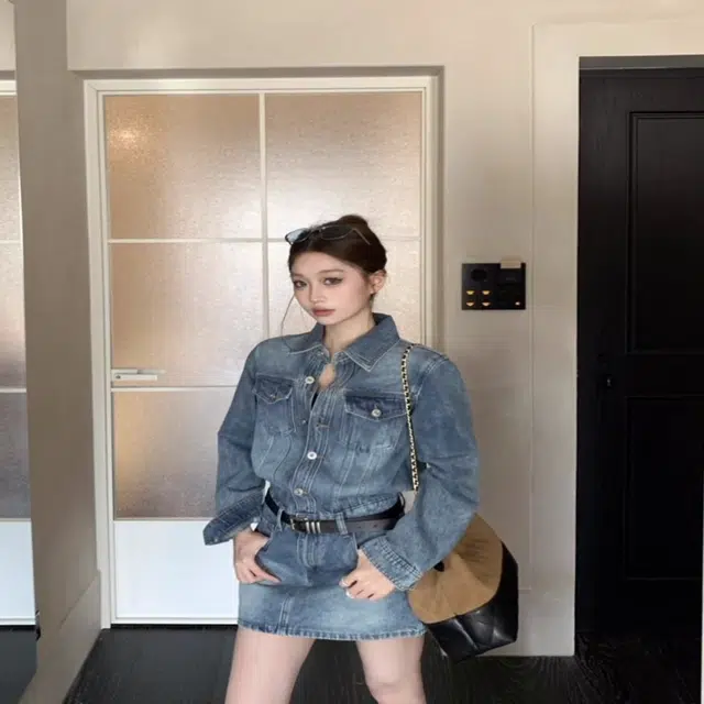 囍鱼少女 法式复古牛仔女秋季设计感单排扣翻领长袖包臀短裙连衣裙 女款