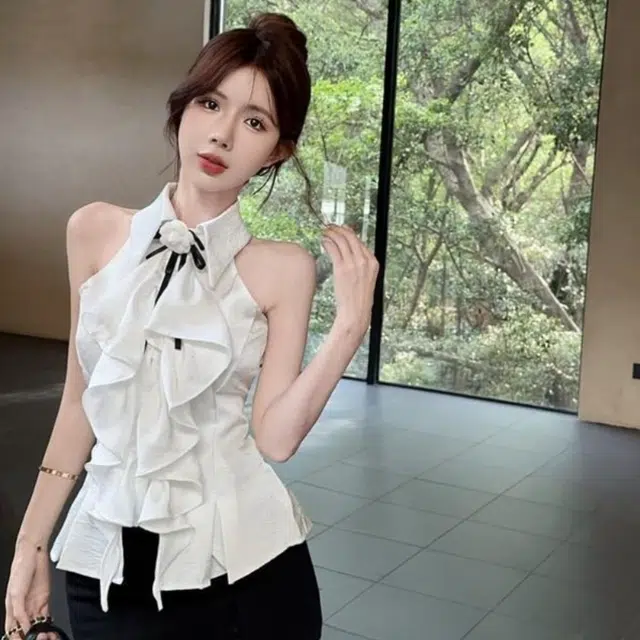 囍鱼少女 山茶花蝴蝶结挂脖露肩衬衫女夏季荷叶边甜美无袖上衣 吊带 女款