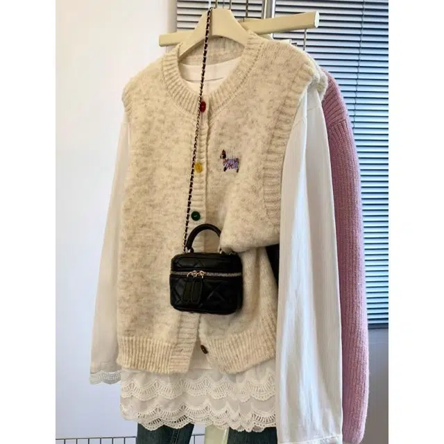 囍鱼少女 针织彩色纽扣小狗刺绣背心女春秋显瘦可叠穿无袖马甲 女款