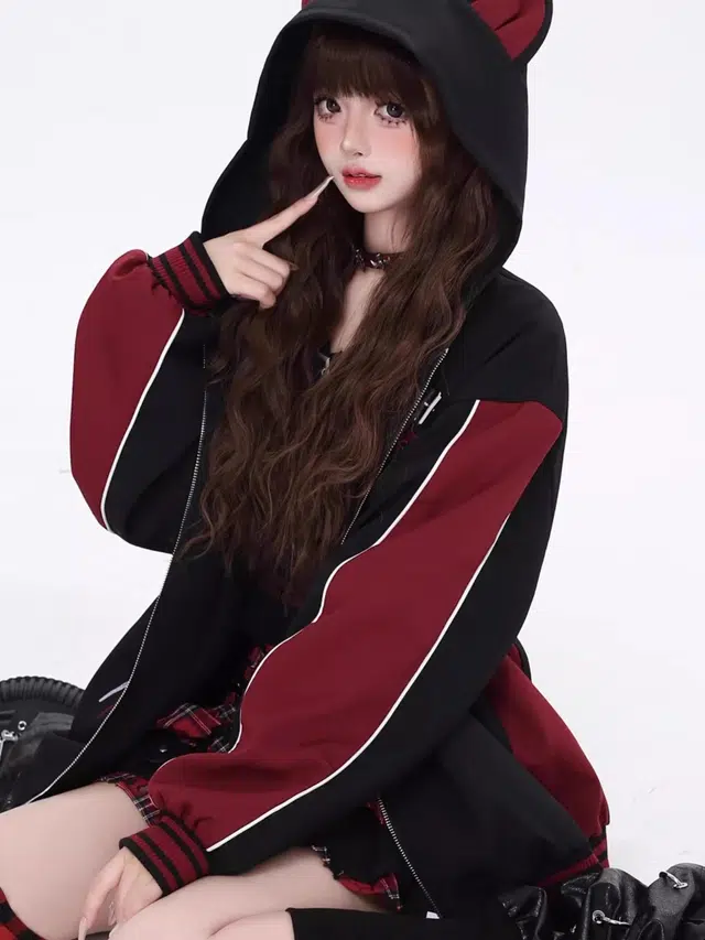 囍鱼少女 美式棒球服外套女春秋薄款宽松撞色拼接小个子开衫连帽潮夹克 女款