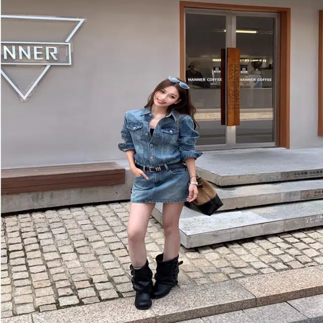 囍鱼少女 法式复古牛仔女秋季设计感单排扣翻领长袖包臀短裙连衣裙 女款