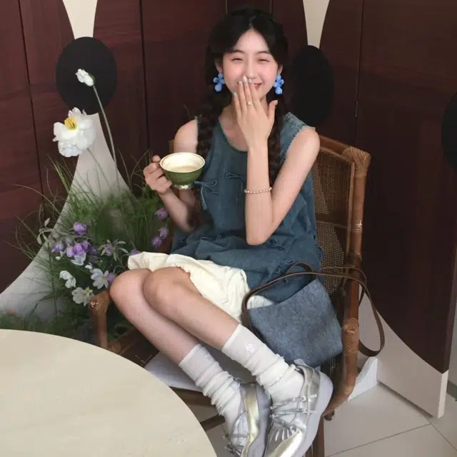 囍鱼少女 甜美田园风设计感蝴蝶结绑带牛仔背心半身裙裙装套装 女款