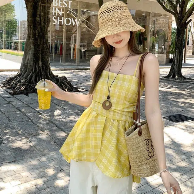 囍鱼少女 韩系度假风格子背心女夏季气质显瘦褶皱收腰裙摆外穿上衣 吊带 女款