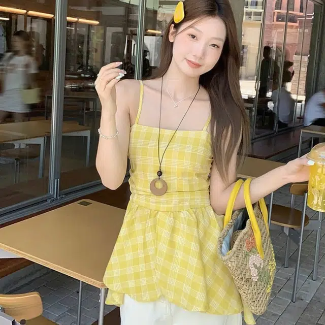 囍鱼少女 韩系度假风格子背心女夏季气质显瘦褶皱收腰裙摆外穿上衣 吊带 女款