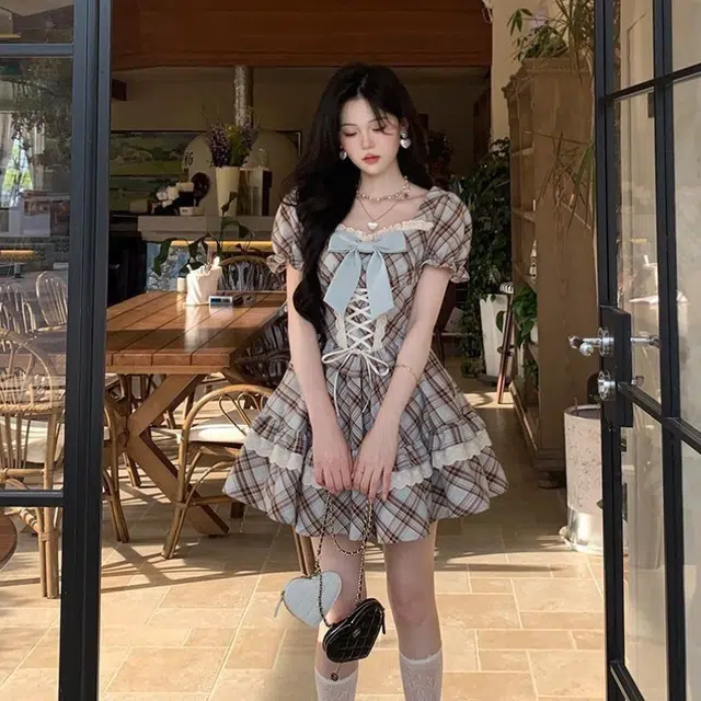 囍鱼少女 法式复古学院风方领泡泡袖裙夏季甜美少女感蝴蝶结格纹公主裙短袖连衣裙 女款