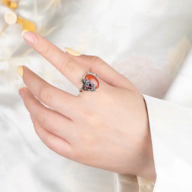 琦珂 花型花朵复古新中式做旧红色吉利开口食指戒#好运天然 玛瑙 戒指 女款