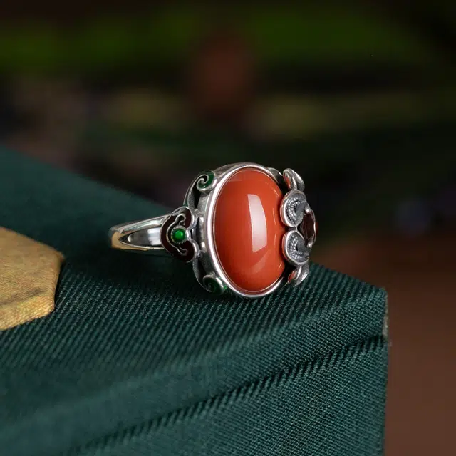 琦珂 花型花朵复古新中式做旧红色吉利开口食指戒#好运天然 玛瑙 戒指 女款