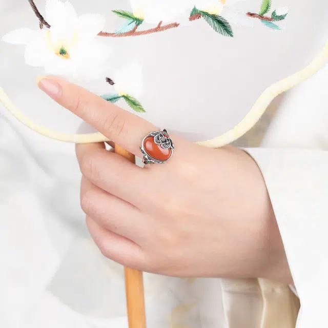 琦珂 花型花朵复古新中式做旧红色吉利开口食指戒#好运天然 玛瑙 戒指 女款