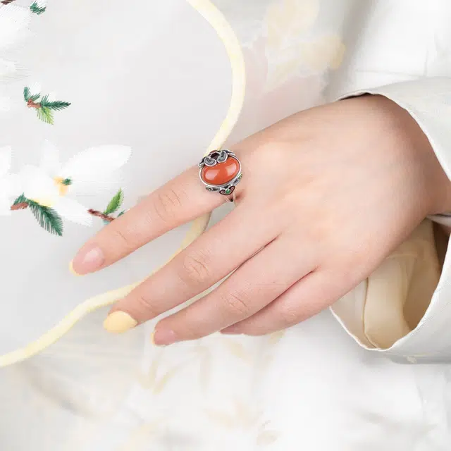 琦珂 花型花朵复古新中式做旧红色吉利开口食指戒#好运天然 玛瑙 戒指 女款
