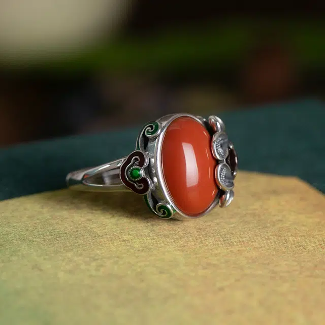 琦珂 花型花朵复古新中式做旧红色吉利开口食指戒#好运天然 玛瑙 戒指 女款