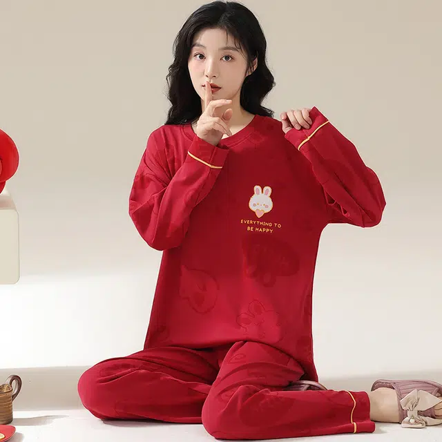 卡绚 可爱卡通兔子长袖喜庆家居服睡衣套装 女款 红色