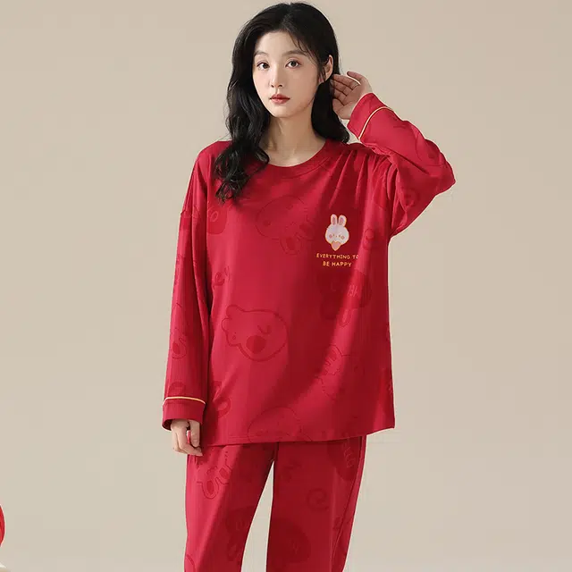 卡绚 可爱卡通兔子长袖喜庆家居服睡衣套装 女款 红色