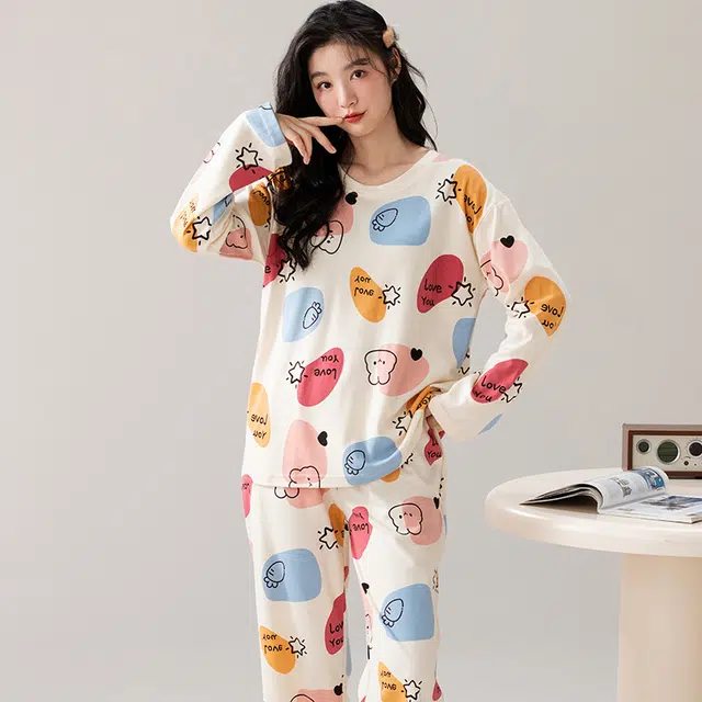 卡绚 简约圆领宽松可外穿长袖睡衣套装 女 图片色