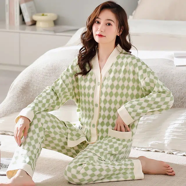 卡绚 长袖可外穿休闲日式家居服睡衣套装 女款 绿色系