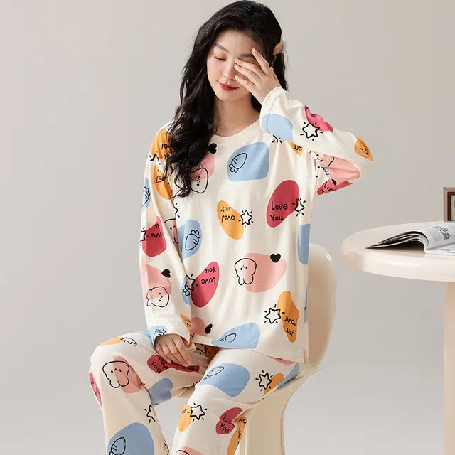 卡绚 简约圆领宽松可外穿长袖睡衣套装 女 图片色