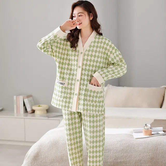 卡绚 长袖可外穿休闲日式家居服睡衣套装 女款 绿色系