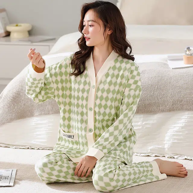 卡绚 长袖可外穿休闲日式家居服睡衣套装 女款 绿色系