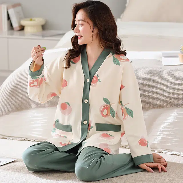 卡绚 舒适透气开衫长袖长裤可外穿家居服睡衣套装 女款 图片色