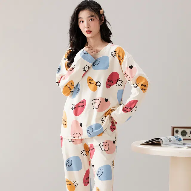 卡绚 简约圆领宽松可外穿长袖睡衣套装 女 图片色