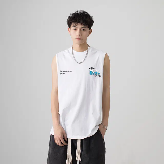 蓝精灵 美式经典基础宽松垂感打底衫纯棉小印花薄款吸汗透气健身运动篮球通勤沙滩无袖背心 男女同款