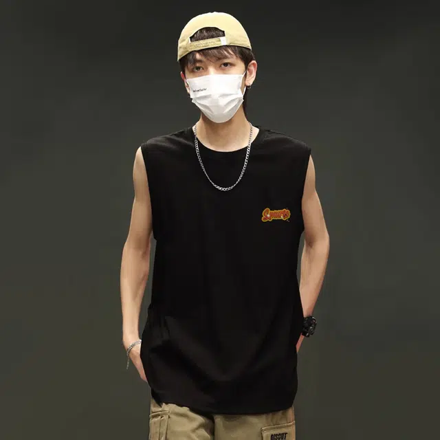 蓝精灵 美式经典吸汗透气健身运动基础宽松垂感打底衫篮球纯棉小印花夏季薄款通勤沙滩无袖背心 男女同款