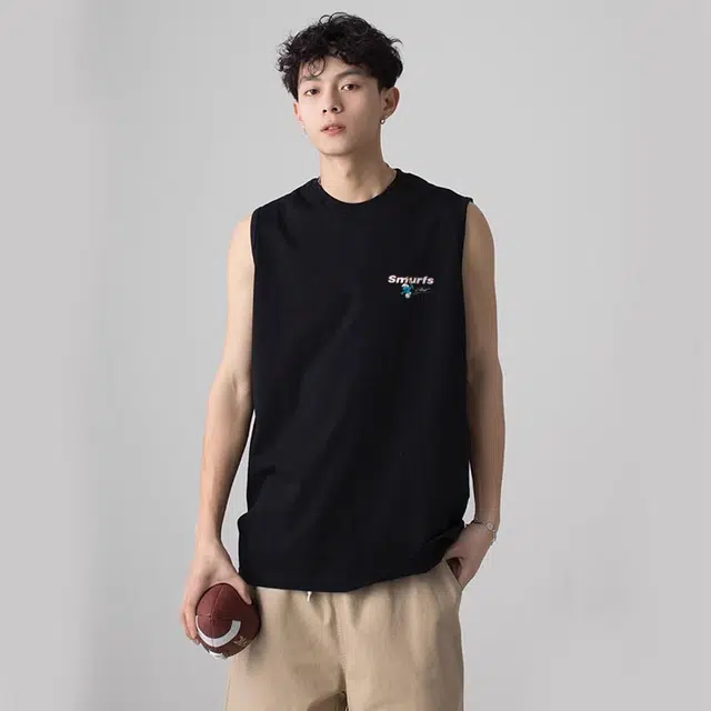 蓝精灵 美式潮流趣味透气纯棉嘻哈街头卡通动物手绘字母印花图案宽松圆领套头无袖 背心 男女同款