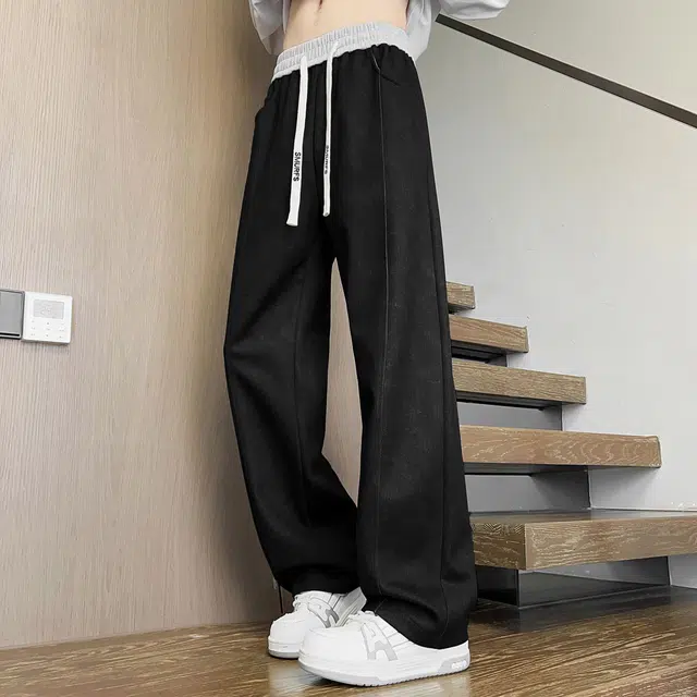 蓝精灵 显高显瘦显腿长垂感美式高街潮牌简约休闲扎染脏脏裤舒适柔软亲肤潮流百搭帅气时尚日常通勤系带宽松直筒阔腿针织运动裤 男女同款