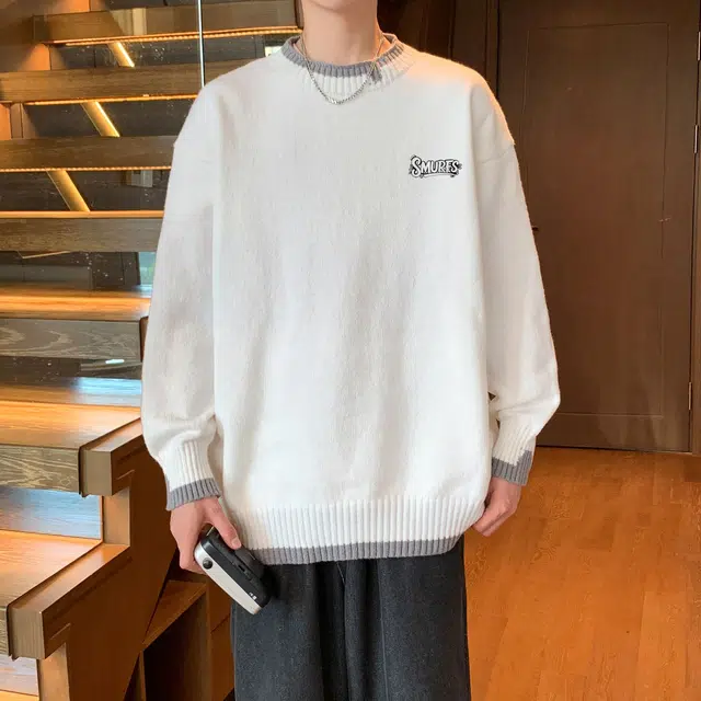 蓝精灵 显高显瘦遮肉美式高街潮牌纯色简约拼色慵懒风松弛感圆领套头毛线衣宽松舒适柔软亲肤潮流百搭日常通勤软糯保暖针织衫 男女同款