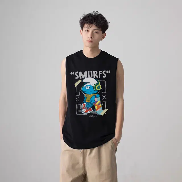 蓝精灵 潮流纯棉宽松滑板百搭多巴胺色系圆领落肩字母印花复古百搭通勤背心 男女同款