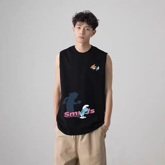 蓝精灵 美式复古字母重磅无性别主义美式基础款简约百搭纯色背心 男女同款