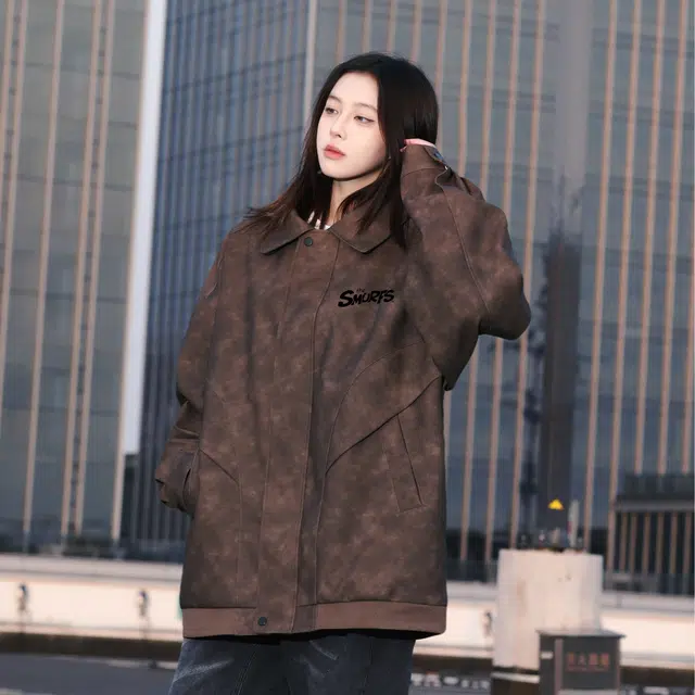 蓝精灵 美式机车风做旧水洗皮衣美拉德色系宽松复古翻领擦色皮夹克外套 男女同款