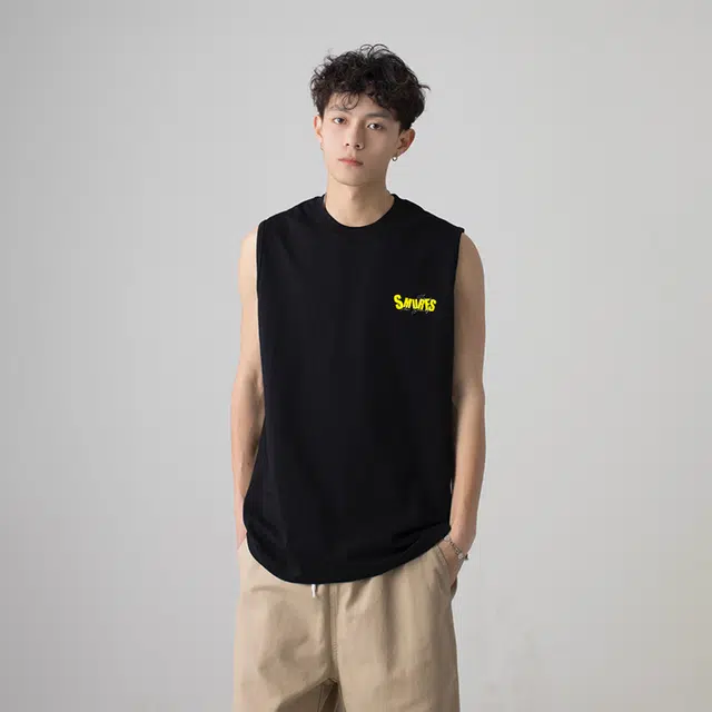 蓝精灵 美式潮流纯棉舒适透气宽松舒适休闲百搭简约个性手写字涂鸦印花时尚日常垂感圆领无袖背心 男女同款
