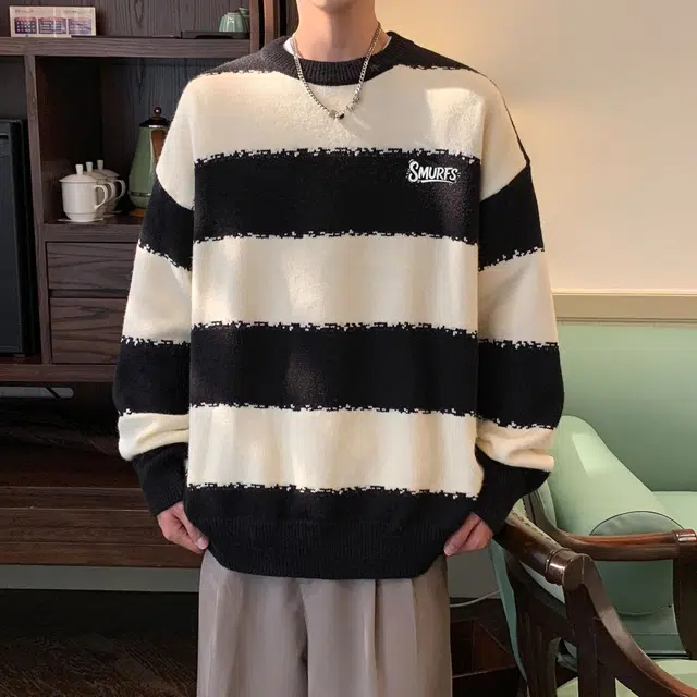 蓝精灵 显高显瘦遮肉美式高街潮牌简约条纹拼色慵懒风软糯保暖圆领套头毛线衣宽松舒适亲肤情侣潮流百搭时尚日常通勤休闲针织衫 男女同款
