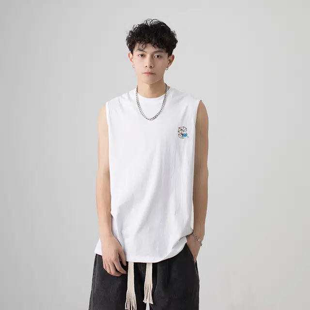 蓝精灵 美式经典健身运动纯棉小印花基础宽松垂感打底衫篮球薄款吸汗透气通勤沙滩无袖背心 男女同款