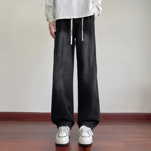 蓝精灵 巴黎柳叶弯刀显高显瘦垂感美式高街潮牌复古水洗做旧渐变简约情侣潮流百搭帅气柔软舒适亲肤宽松直筒阔腿牛仔裤 男女同款