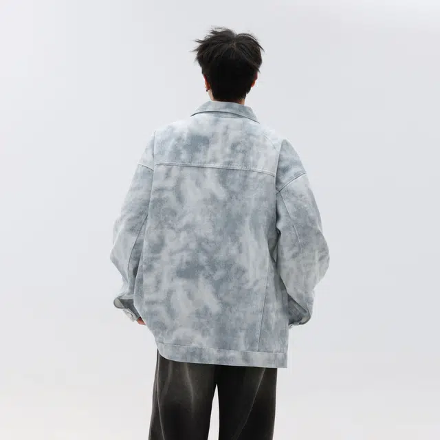 蓝精灵 美式复古高街潮牌水洗做旧扎染满印痞帅设计感显高显瘦开衫牛仔外套情侣潮流百搭宽松休闲翻领工装夹克 男女同款