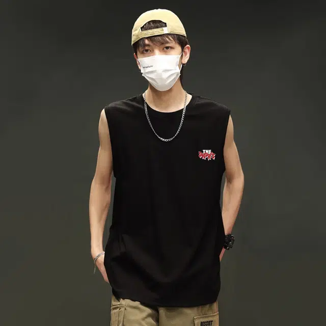 蓝精灵 美式基础宽松垂感打底衫吸汗透气健身运动篮球通勤沙滩经典纯棉小印花夏季薄款无袖背心 男女同款