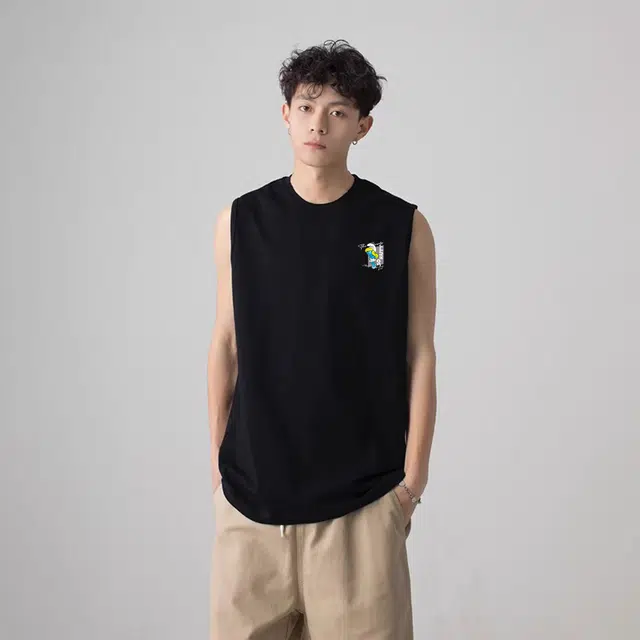 蓝精灵 宽松舒适可爱美式字母印花纯色圆领纯色垂感休闲时尚无袖背心 男女同款