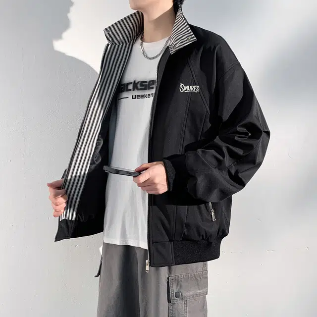 蓝精灵 美式高街潮牌简约老钱风条纹内衬拼接立领简约拉链开衫外套休闲显瘦遮肉帅气情侣潮流百搭宽松飞行员教练夹克 男女同款
