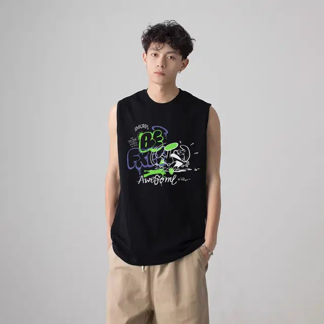 蓝精灵 美式潮流简约涂鸦街头感现代艺术个性活力字母印花圆领休闲时尚宽松舒适日常垂感无袖背心 男女同款