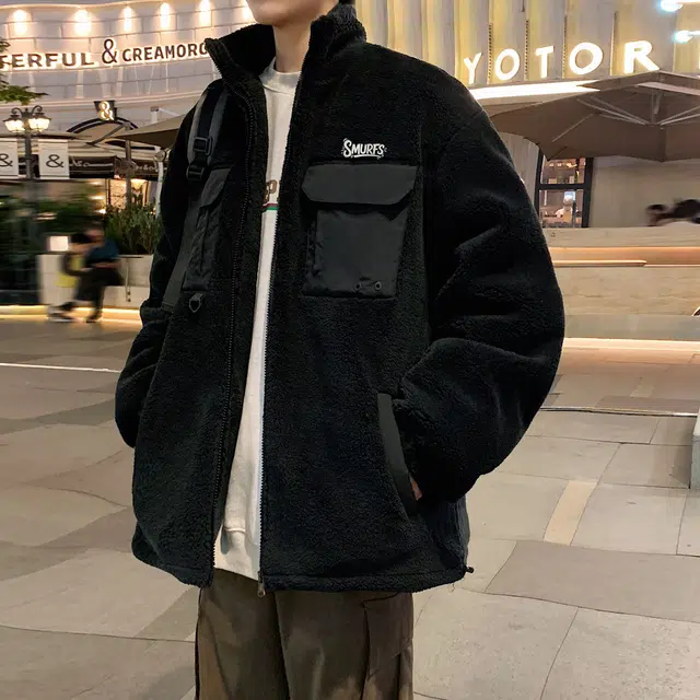 蓝精灵 显高显瘦羊羔毛加绒加厚保暖棉衣美式高街潮牌复古简约纯色休闲宽松棉袄子防风防寒休闲外套情侣潮流百搭帅气棉服 男女同款