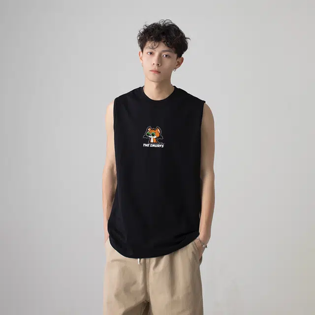 蓝精灵 美式经典吸汗透气健身运动基础宽松垂感纯棉卡通动漫阿兹猫小印花薄款打底衫篮球通勤沙滩无袖背心 男女同款