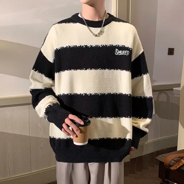 蓝精灵 显高显瘦遮肉美式高街潮牌简约条纹拼色慵懒风软糯保暖圆领套头毛线衣宽松舒适亲肤情侣潮流百搭时尚日常通勤休闲针织衫 男女同款