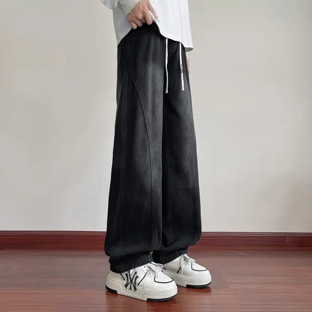 蓝精灵 巴黎柳叶弯刀显高显瘦垂感美式高街潮牌复古水洗做旧渐变简约情侣潮流百搭帅气柔软舒适亲肤宽松直筒阔腿牛仔裤 男女同款