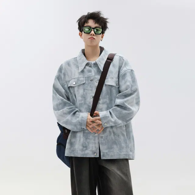 蓝精灵 美式复古高街潮牌水洗做旧扎染满印痞帅设计感显高显瘦开衫牛仔外套情侣潮流百搭宽松休闲翻领工装夹克 男女同款