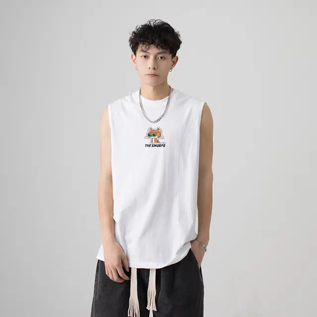 蓝精灵 美式经典吸汗透气健身运动基础宽松垂感纯棉卡通动漫阿兹猫小印花薄款打底衫篮球通勤沙滩无袖背心 男女同款