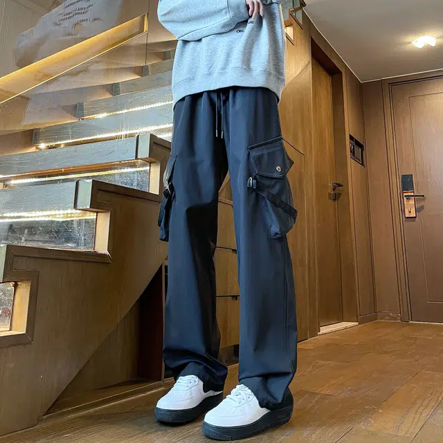 蓝精灵  美式高街潮牌纯色基础款简约显高显瘦帅气舒适城市户外机能风日常通勤情侣潮流百搭宽松直筒阔腿垂感休闲大口袋工装裤 男女同款