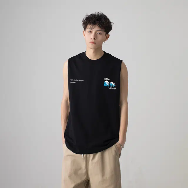 蓝精灵 美式经典基础宽松垂感打底衫纯棉小印花薄款吸汗透气健身运动篮球通勤沙滩无袖背心 男女同款