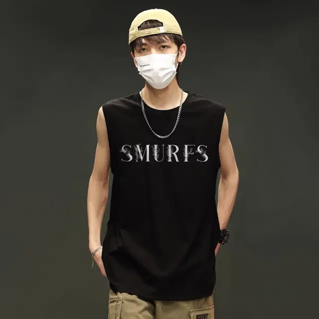 蓝精灵 美式经典纯棉个性中性风印花健身运动基础宽松垂感薄款吸汗透气打底衫篮球通勤沙滩无袖背心 男女同款
